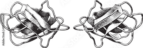 Two intertwined face coverings appear in a symmetrical arrangement.