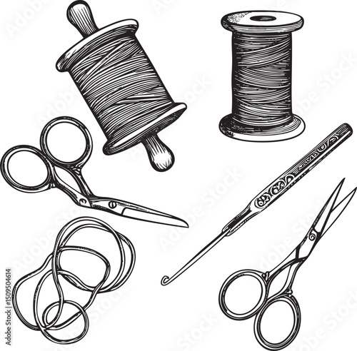 Black and white of sewing tools arranged on a surface.