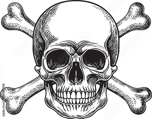 detailed black and white skull with crossed bones.