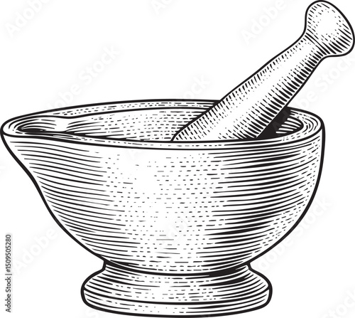 rustic ceramic bowl with a wooden pestle rests on a sturdy base.