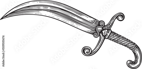 detailed black and white depicts a curved dagger with an ornate handle.