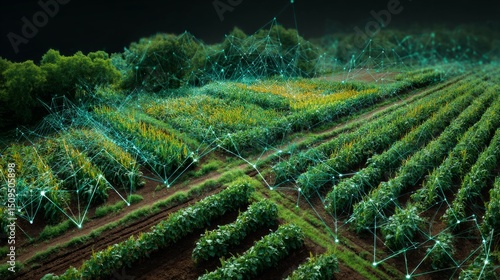 Innovative agriculture practices in smart farming field digital art rural aerial view sustainability