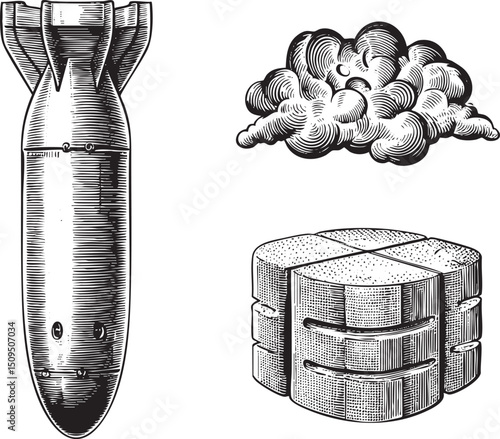 vintage engraving depicts a bomb a billowing cloud and a loaf of bread.