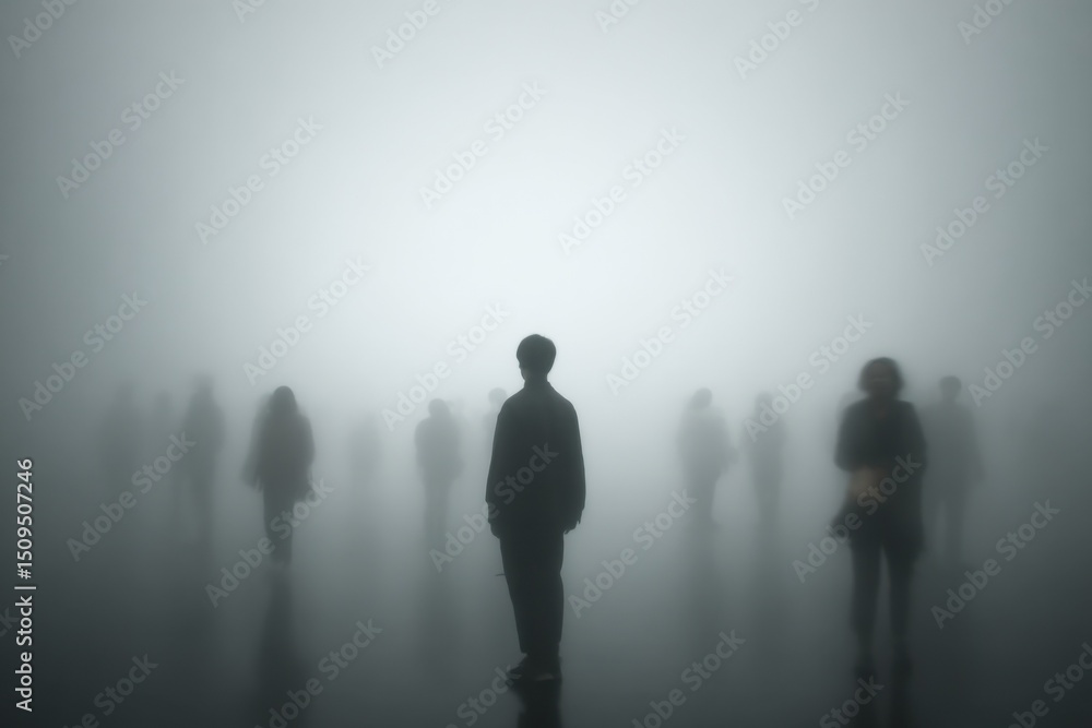 Fototapeta premium Silhouette of Man Standing in Fog Among Blurred Figures, Representing Isolation and Mental Health Awareness, Suitable for Recruitment Campaigns : Generative AI