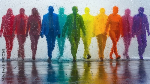 office diversity represented in surreal form through layered transparent human figures, concept of neurodivergent workplace inclusion