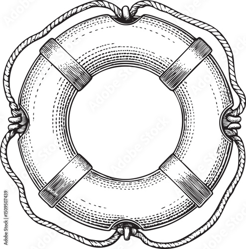circular life preserver floats prominently against a dark background.