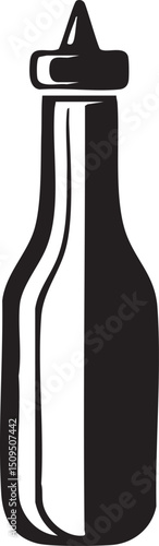 tall black condiment bottle stands upright against a white background.
