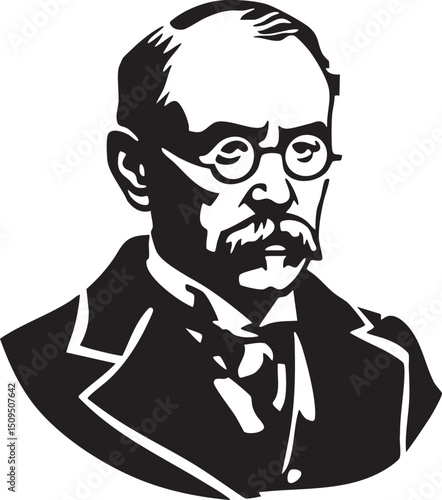 distinguished man in a formal suit gazes intently through spectacles.