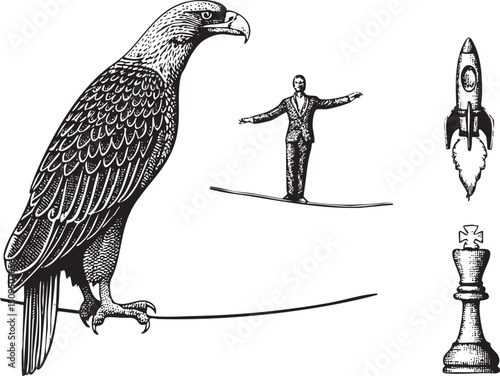 man balances on a tightrope with an eagle observing him alongside a and chess piece.