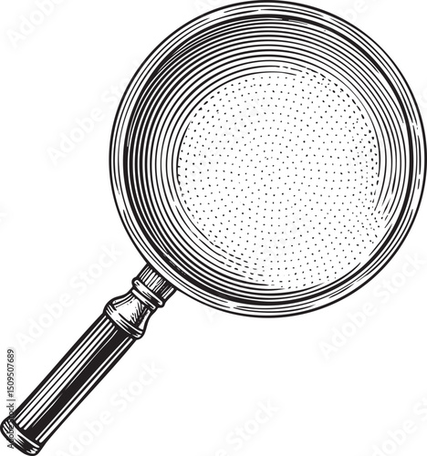 vintage magnifying glass with a wooden handle is depicted in black and white.