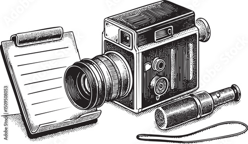 vintage camera rests on a notepad with exposed film rolls.