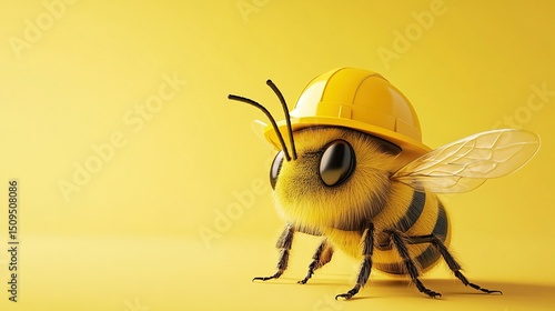 A bee mascot wearing construction helmet on yellow background