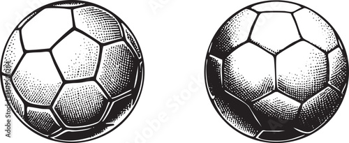 Two detailed black and white soccer balls are presented in a linear arrangement.