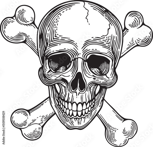 detailed black and white skull is crossed by two prominent bones.