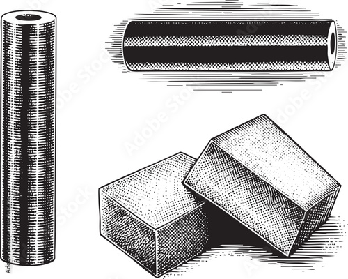 cylindrical roll and three geometric blocks are displayed on a dark surface.