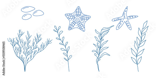 Marine elements doodle style set in blue la dolce vita. Italian style. Undersea world. Menu design of postcard and poster. Vector illustration.