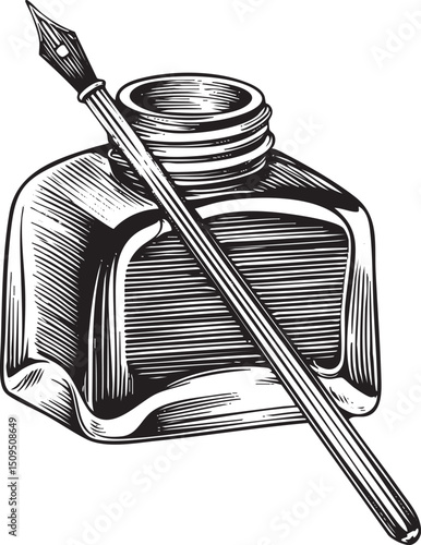 black inkwell rests on a wooden surface with a quill pen beside it.