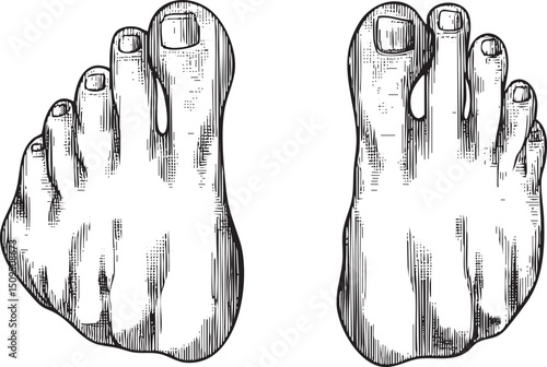 Two feet are displayed in a detailed black and white drawing.