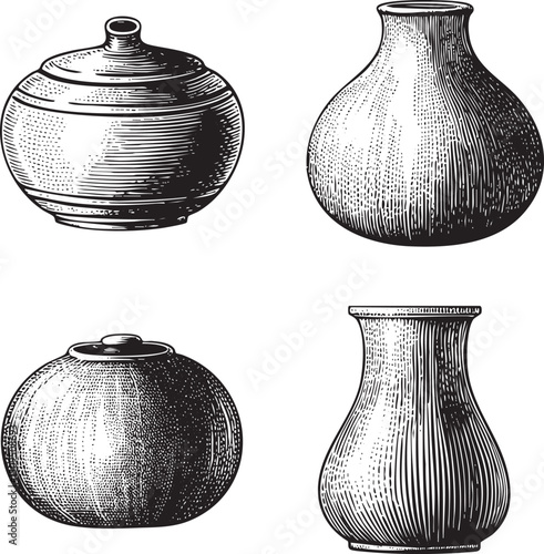 Four ceramic vases stand upright in a monochrome .