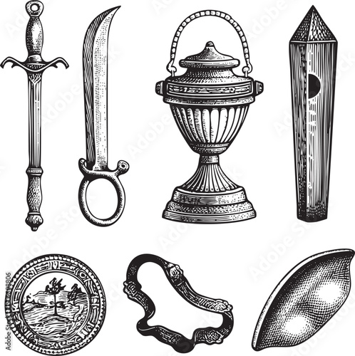 Antique weaponry and decorative items are depicted in a detailed black and white engraving.