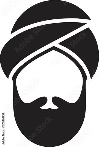 stylized black and white portrait of a man with a turban and beard.