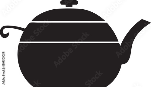 simple black silhouette of a ceramic teapot stands on a white surface.