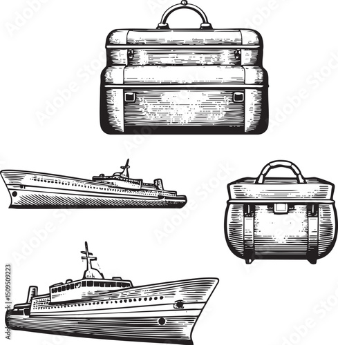 Vintage suitcases and a stylized cruise ship .