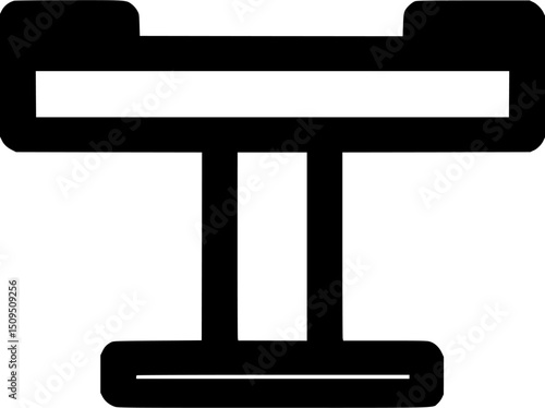 Black and white stylized iconsymbol features a horizontal bar on two vertical bars with shapes