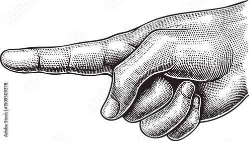 hand gestures towards an unseen point with a prominent finger.