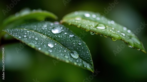 Close-up of Dew Drops on Lush Green Leaves