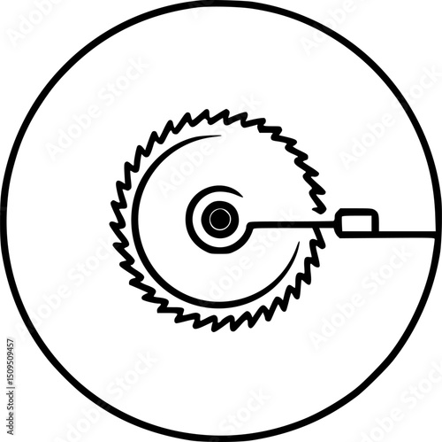 Saw blade inside circle with a protruding arm extending to the right