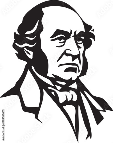 monochrome portrait depicts a distinguished gentleman with an intense expression.