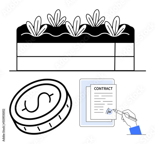 Plants growing in soil, a dollar coin, and a hand signing a contract. Ideal for farming, sustainability, finance, investment, agreements, eco-business and a simple landing page