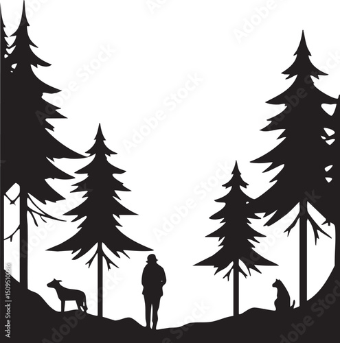 solitary hiker pauses amidst a serene forest landscape with two woodland creatures.
