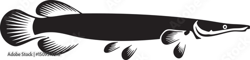 stylized black and white of a longnose gar swims gracefully.