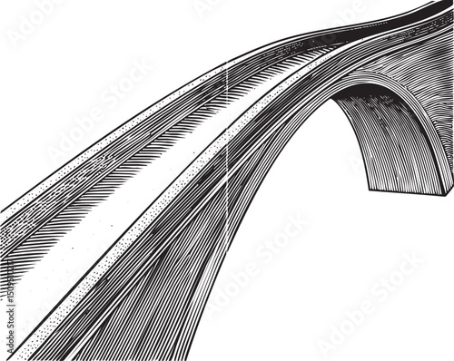 dramatic arched bridge spans a winding roadway.