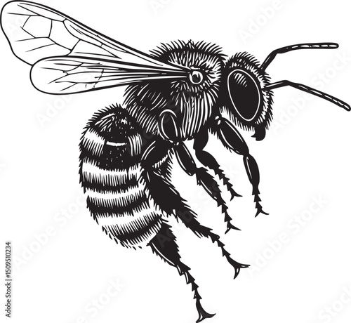 stylized black and white bee flies gracefully through the air.