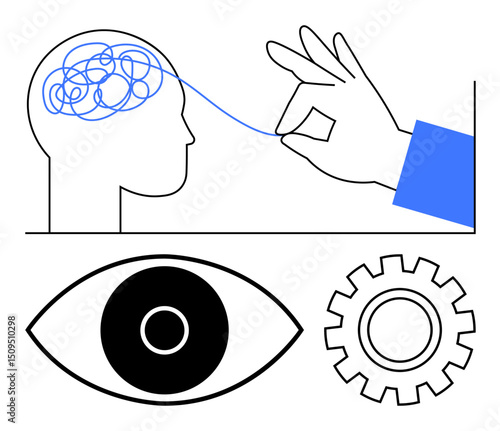 Hand untangling thoughts from head silhouette, black eye, and gear symbolizing clarity, focus, and problem-solving. Ideal for mental health, innovation, decision-making, creativity productivity