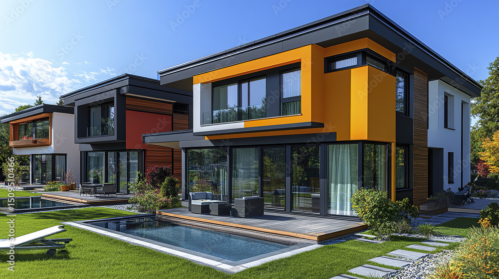 Fototapeta premium Modern single family homes with sleek designs and vibrant colors, surrounded by lush greenery