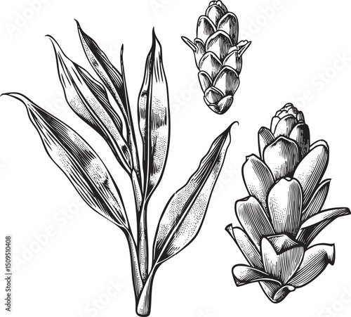 Black and white of tropical plant foliage and buds.