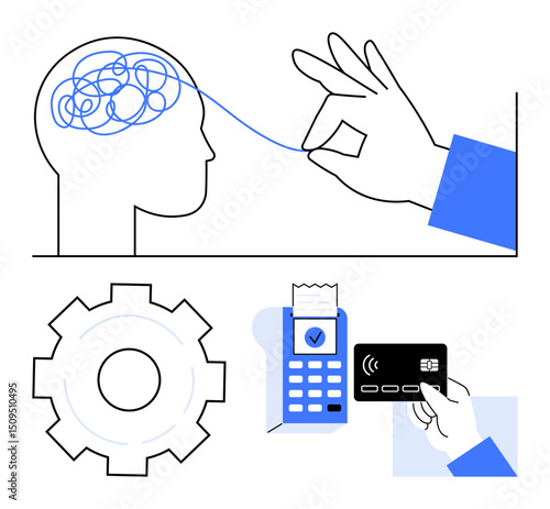Hand untangling brain confusion, gear for system thinking, POS terminal with card swipe. Ideal for problem-solving, decision-making, innovation, payments, finance, cognitive science simple landing