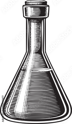 black and white depicts a tall slender Erlenmeyer flask filled with liquid.