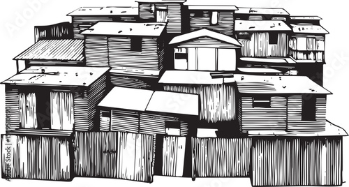 cluster of simple rustic houses forms a layered village scene.
