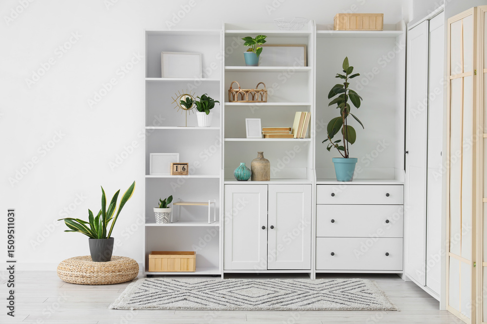 Fototapeta premium Closet with books, frames and plants in room