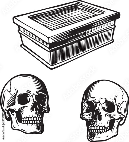 weathered wooden casket rests beside two detailed skulls.
