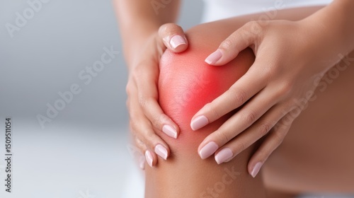 Wallpaper Mural Woman experiencing knee pain while holding her knee with both hands in a bright indoor setting Torontodigital.ca