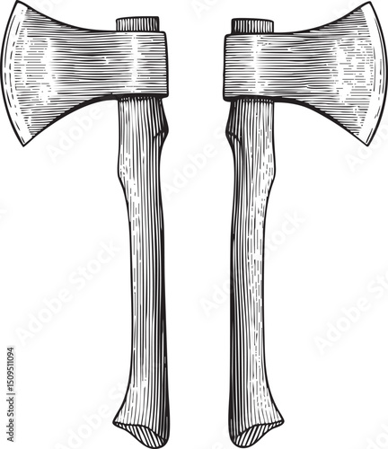 Two antique axes stand upright on a white background.