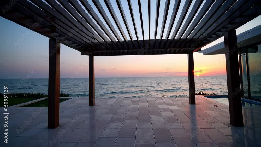Modern terrace overlooking serene ocean sunset Modern terrace overlooking serene ocean sunset