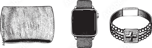 Three wrist accessories—a bracelet a watch and a cuff—are displayed in a linear arrangement.