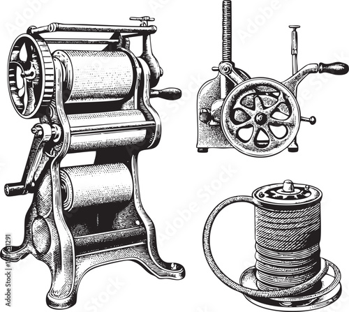 vintage textile mangle operates with a large hand crank and spools of thread.
